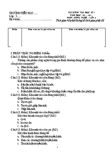 Đề kiểm tra học kì I môn Công nghệ Lớp 3