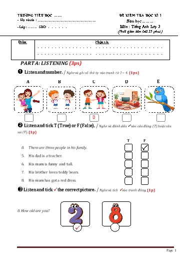 Đề kiểm tra học kì I môn Tiếng Anh Lớp 3