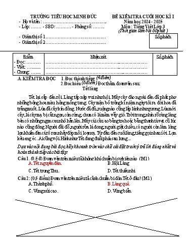 Đề kiểm tra học kì I môn Tiếng Việt Lớp 3 năm học 2024-2025 trường Tiểu học Minh Đức (Có đáp án)
