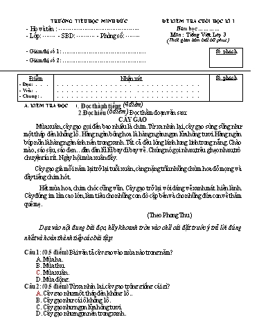 Đề kiểm tra học kì I môn Tiếng Việt Lớp 3 trường Tiểu học Minh Đức (Có đáp án)