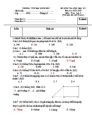 Đề kiểm tra học kì I môn Toán Lớp 3 năm học 2024-2025 trường Tiểu học Minh Đức (Có đáp án)