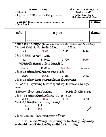 Đề kiểm tra học kì I môn Toán Lớp 3