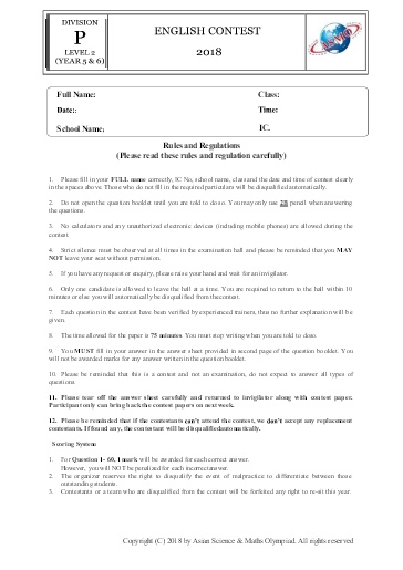 Đề thi English contest 2018 (Có đáp án) - Level 2 - Year 5, 6