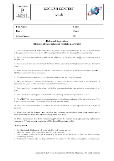 Đề thi English contest 2018 (Có đáp án) - Level 3 - Year 7, 8, 9