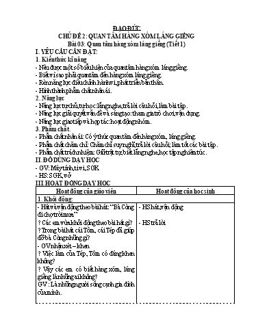 Kế hoạch bài dạy Đạo đức 3 - Chủ đề 2: Quan tâm hàng xóm láng giềng - Bài 3: Quan tâm hàng xóm láng giềng - Trường Tiểu học Minh Đức