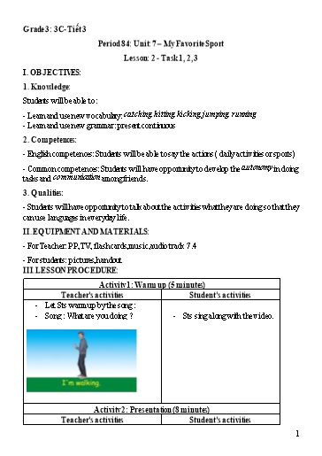 Kế hoạch bài dạy Tiếng Anh 3 - Unit 7: My favorite sport - Trường Tiểu học Tây Hưng