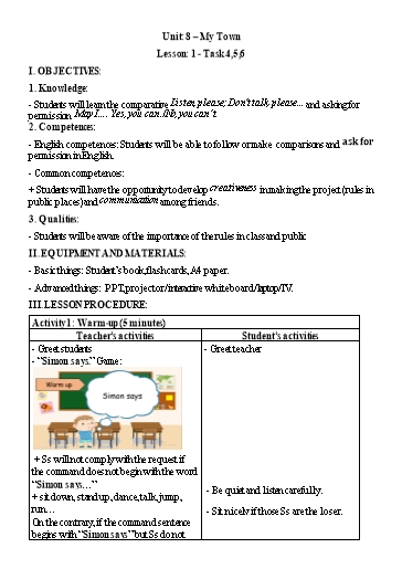 Kế hoạch bài dạy Tiếng Anh 3 - Unit 8: My town