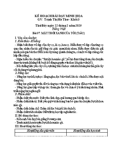 Kế hoạch bài dạy Tiếng Việt 3 - Bài 7: Mặt trời xanh của tôi (Tiết 2) - Năm học 2024-2205 - Trinh Thị Hà Thư