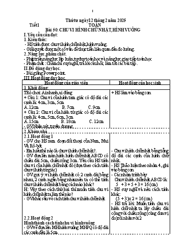 Kế hoạch bài dạy Toán 3: Chu vi hinh chữ nhật, hình vuông + Tiếng Việt 3 (Tập đọc): Cây gạo - Năm học 2024-2025 - Trường Tiểu học Tây Hưng