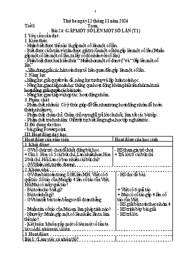Kế hoạch bài dạy Toán Lớp 3 - Bài 24: Gấp một số lên một số lần (Tiết 1) - Năm học 2024-2025 - Trường Tiểu học Tây Hưng