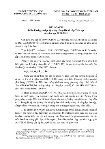 Slide Kế hoạch triển khai giáo dục kỹ năng công dân số cấp Tiểu học từ năm học 2024-2025