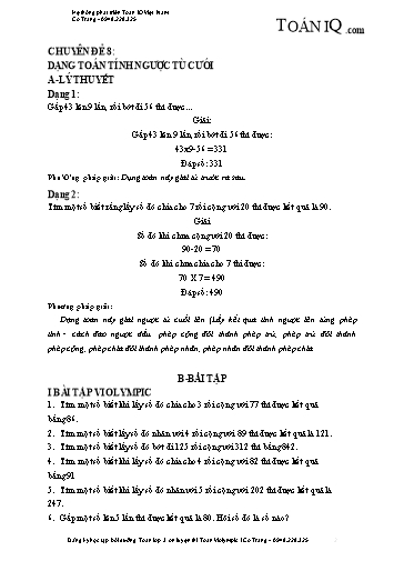 Tài liệu bồi dưỡng Toán Lớp 3 ôn luyện thi Violympic - Chuyền đề 8: Dạng toán tính ngược từ cuối