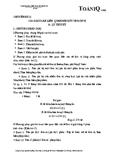 Tài liệu bồi dưỡng Toán Lớp 3 ôn luyện thi Violympic - Chuyền đề 12: Các bài toán liên quan đến rút về đơn vị